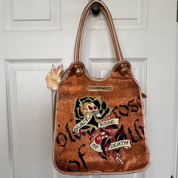Ed Hardy Double-Handle Metallic Bag Embroidered Sequins - Picture 1 of 16